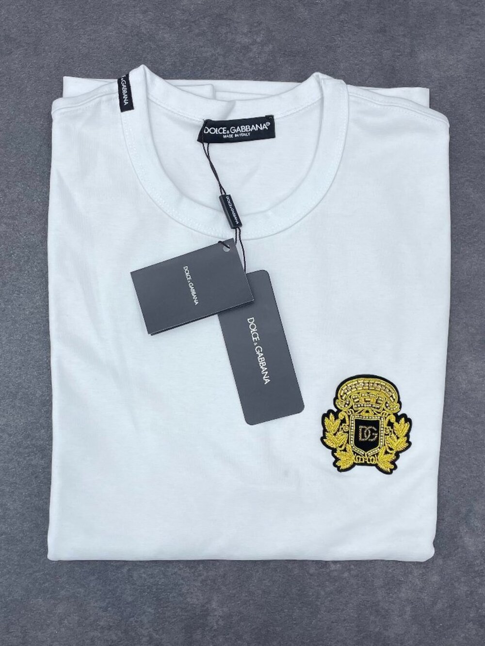 Dolce & Gabbana Men’s White Gold Crest Logo T-Shirt- Size 52 (XL)